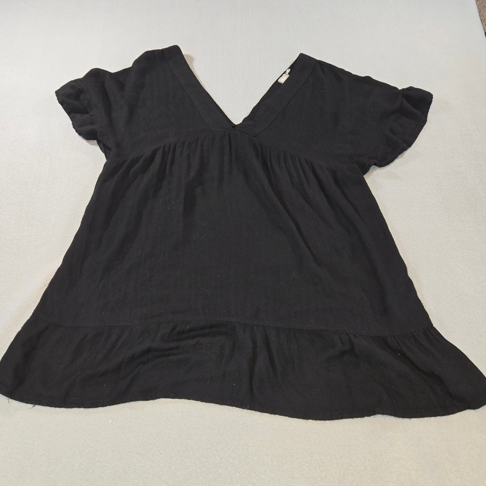 ASOS Top Women 10‎ Black Babydoll V-Neck Flutter Sleeve Herringbone Viscose Top